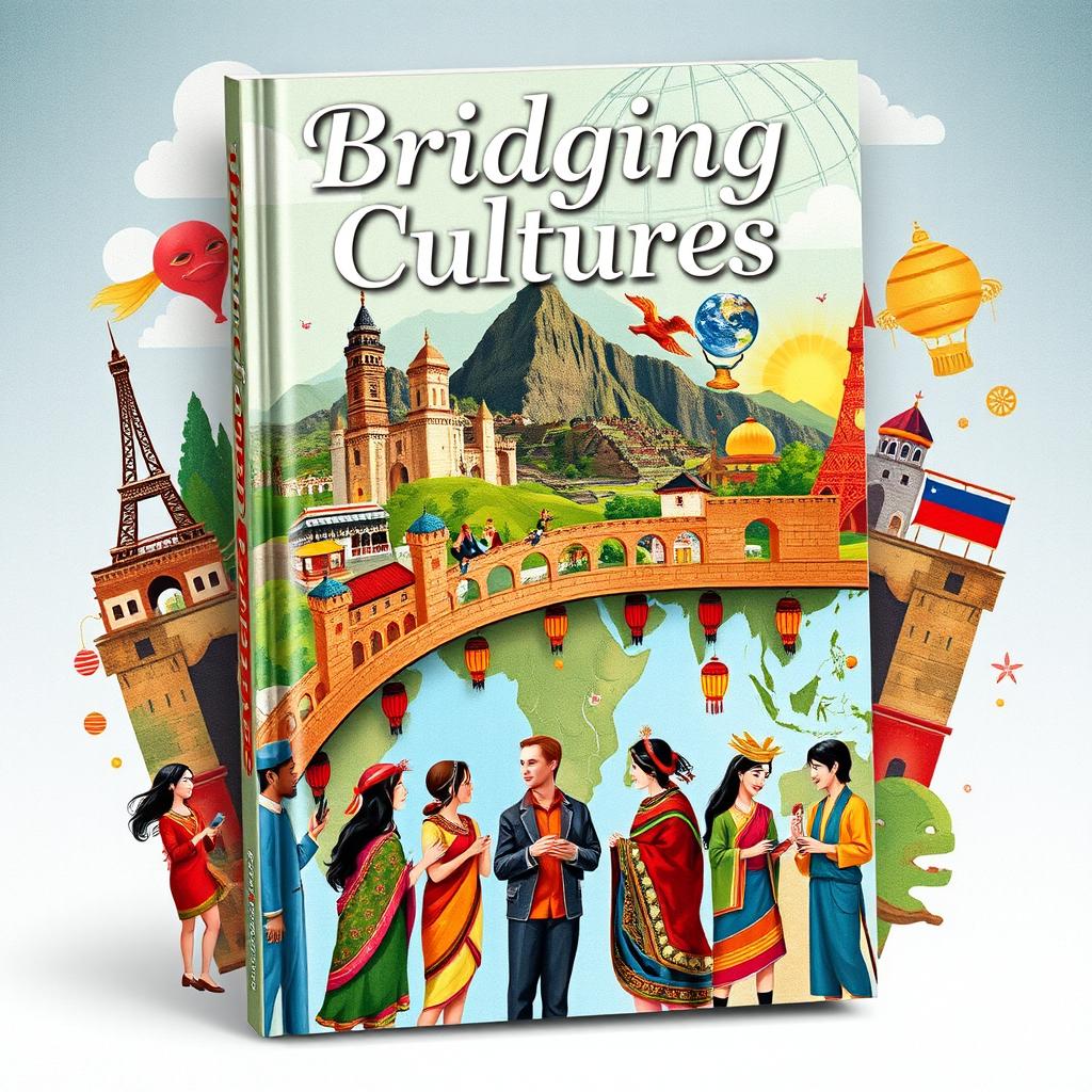 A captivating book cover titled 'Bridging Cultures', visually illustrating the theme of global unity and diversity