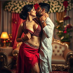 A seductive woman resembling Nushrath Bharucha, dressed in an alluring short skirt and bold red lipstick, is in the intimate setting of a Marathi wedding's first night