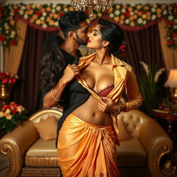 A seductive woman resembling Nushrath Bharucha, dressed in an alluring short skirt and bold red lipstick, is in the intimate setting of a Marathi wedding's first night