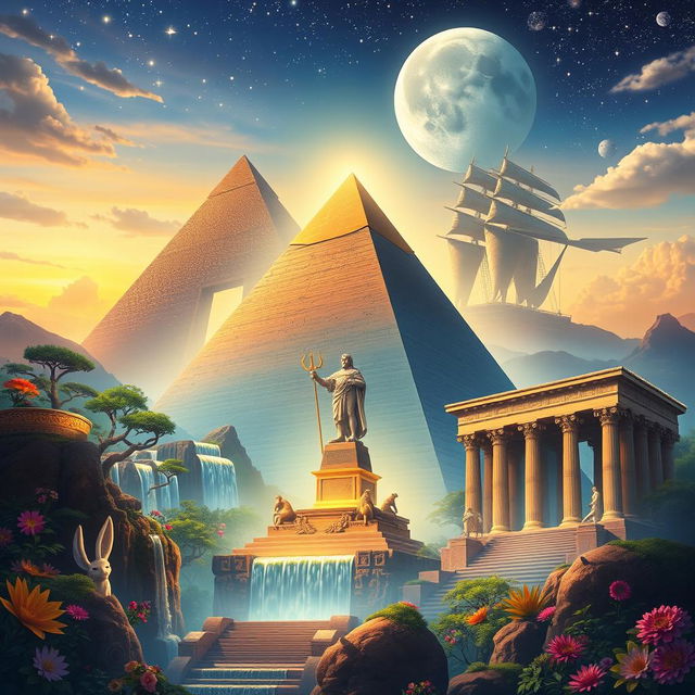 A fantasy book cover featuring the Seven Ancient Wonders of the World, rendered in vibrant colors and intricate detail