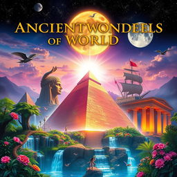 A fantasy book cover featuring the Seven Ancient Wonders of the World, rendered in vibrant colors and intricate detail