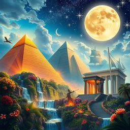 A fantasy book cover featuring the Seven Ancient Wonders of the World, rendered in vibrant colors and intricate detail