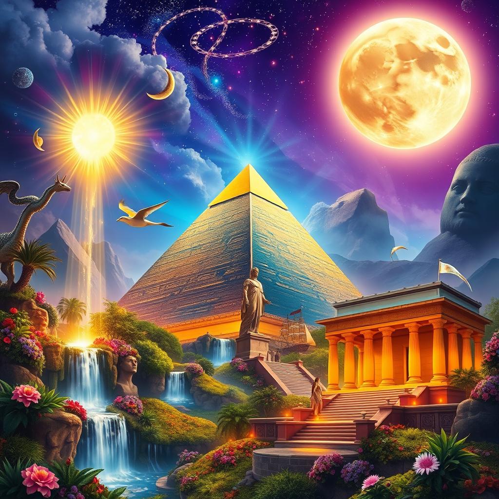 A fantasy book cover featuring the Seven Ancient Wonders of the World, rendered in vibrant colors and intricate detail