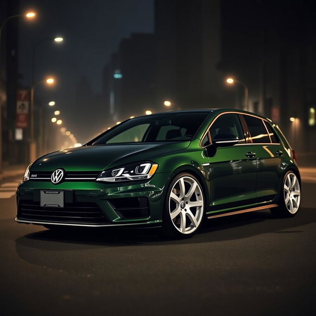 A stunning dark green 2016 Volkswagen Golf R, featuring striking white fifteen52 Turbomac wheels, parked in a moody, dark city landscape