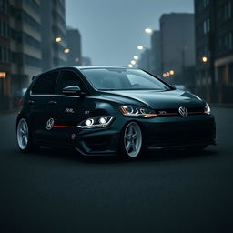 A stunning dark green 2016 Volkswagen Golf R, featuring striking white fifteen52 Turbomac wheels, parked in a moody, dark city landscape