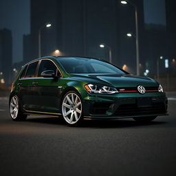A stunning dark green 2016 Volkswagen Golf R, featuring striking white fifteen52 Turbomac wheels, parked in a moody, dark city landscape