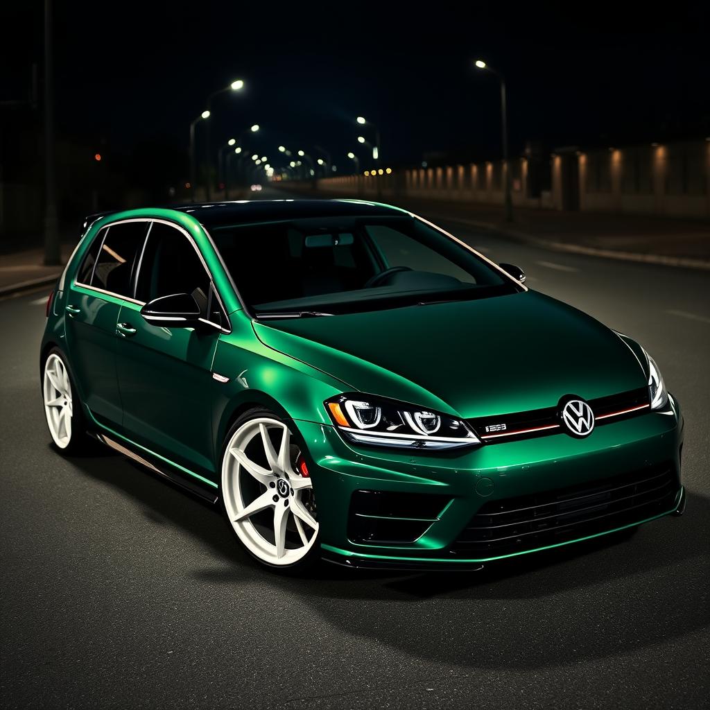 A stunning dark green 2016 Volkswagen Golf R, featuring striking white fifteen52 Turbomac wheels, parked in a moody, dark city landscape