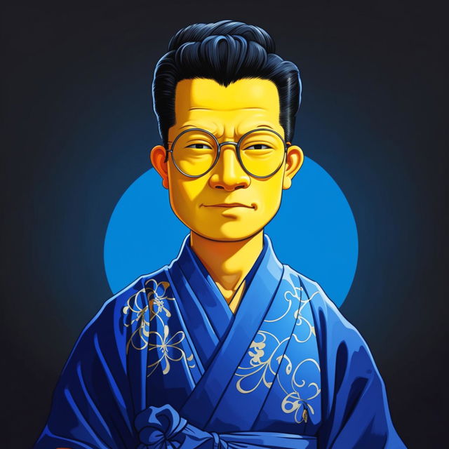 Simpsons-style cartoon character of an Asian man in traditional attire with glasses and a friendly smile.