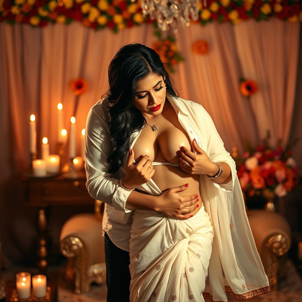 A seductive woman resembling Nushrath Bharucha, captivatingly dressed in a chic short skirt and bold red lipstick, is in the romantic setting of a Telugu wedding's first night