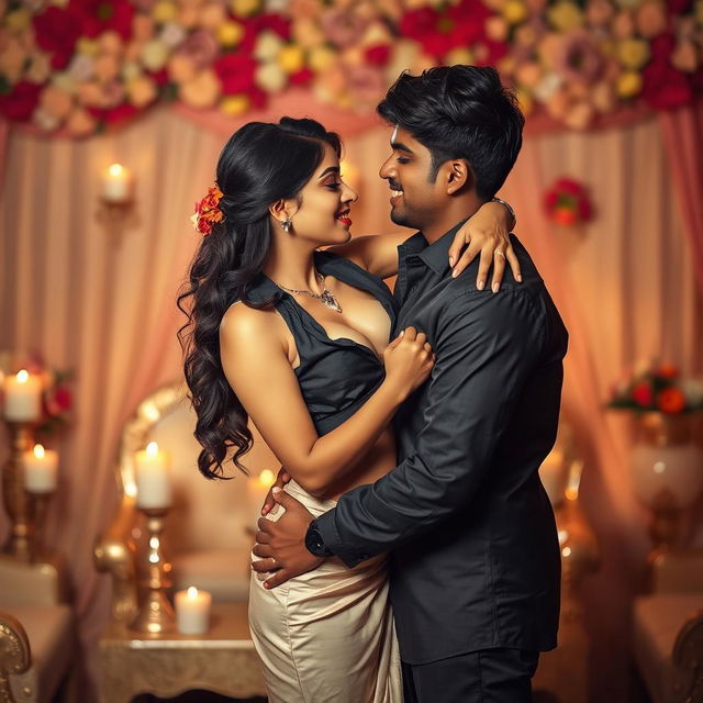 A seductive woman resembling Nushrath Bharucha, captivatingly dressed in a chic short skirt and bold red lipstick, is in the romantic setting of a Telugu wedding's first night