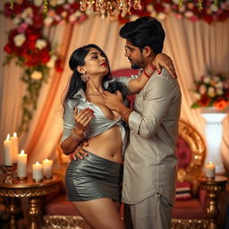A seductive woman resembling Nushrath Bharucha, captivatingly dressed in a chic short skirt and bold red lipstick, is in the romantic setting of a Telugu wedding's first night