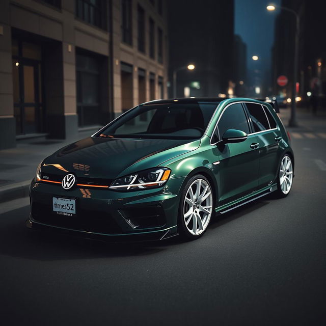 A striking dark green 2016 Volkswagen Golf R, equipped with an eye-catching body kit and featuring distinctive white fifteen52 Turbomac wheels, set against a moody, dark city backdrop