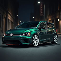 A striking dark green 2016 Volkswagen Golf R, equipped with an eye-catching body kit and featuring distinctive white fifteen52 Turbomac wheels, set against a moody, dark city backdrop