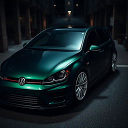 A striking dark green 2016 Volkswagen Golf R, equipped with an eye-catching body kit and featuring distinctive white fifteen52 Turbomac wheels, set against a moody, dark city backdrop