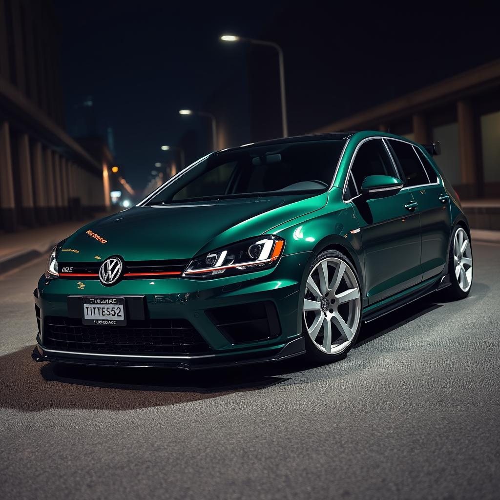 A striking dark green 2016 Volkswagen Golf R, equipped with an eye-catching body kit and featuring distinctive white fifteen52 Turbomac wheels, set against a moody, dark city backdrop