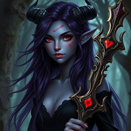 A beautiful young female warlock who is a tiefling, featuring long dark purple hair flowing elegantly