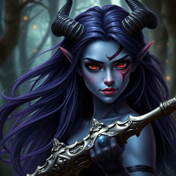 A beautiful young female warlock who is a tiefling, featuring long dark purple hair flowing elegantly