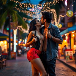 A seductive woman resembling Nushrath Bharucha, captivatingly dressed in a short skirt and striking red lipstick, is in a romantic setting on a vibrant street in Goa