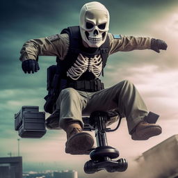 A rifle-armed kidnapper donned in a skeleton face mask and a standard bullet-proof vest, soaring in the sky on a hover-board.