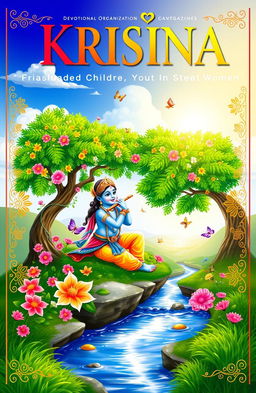 A colorful and vibrant magazine cover design for a devotional organization aimed at children, youth, and women, featuring a Krishna theme