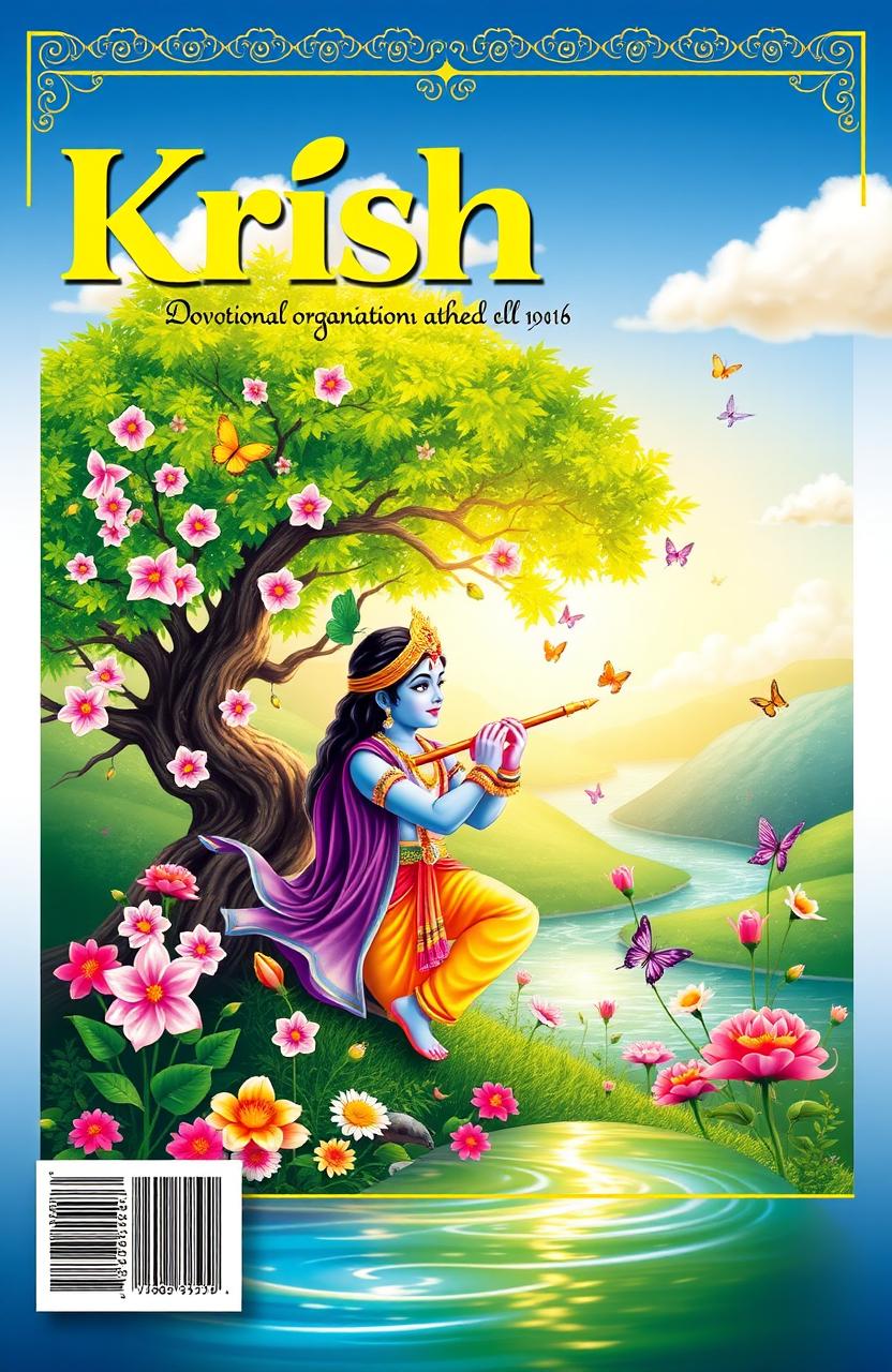 A colorful and vibrant magazine cover design for a devotional organization aimed at children, youth, and women, featuring a Krishna theme