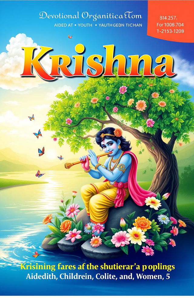 A colorful and vibrant magazine cover design for a devotional organization aimed at children, youth, and women, featuring a Krishna theme