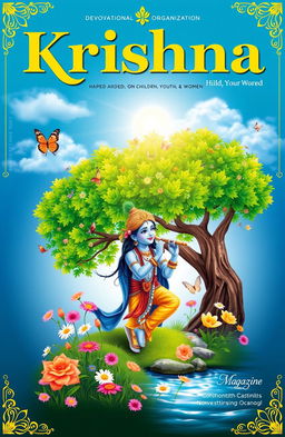 A colorful and vibrant magazine cover design for a devotional organization aimed at children, youth, and women, featuring a Krishna theme