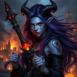 A beautiful young female warlock who is a tiefling, featuring long dark purple hair flowing elegantly