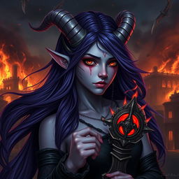 A beautiful young female warlock who is a tiefling, featuring long dark purple hair flowing elegantly