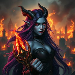 A beautiful young female warlock who is a tiefling, featuring long dark purple hair flowing elegantly