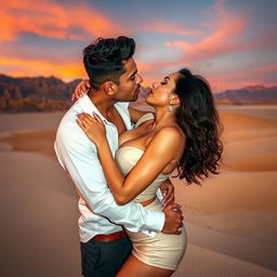 A seductive woman resembling Nushrath Bharucha, captivatingly dressed in a stylish short skirt and bold red lipstick, is in a passionate embrace with her man in the stunning and unique landscape of Death Valley