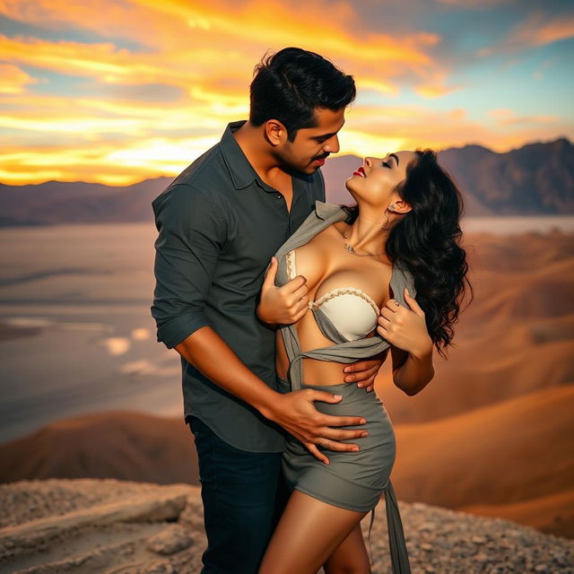 A seductive woman resembling Nushrath Bharucha, captivatingly dressed in a stylish short skirt and bold red lipstick, is in a passionate embrace with her man in the stunning and unique landscape of Death Valley