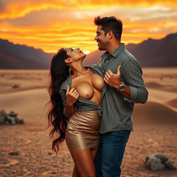 A seductive woman resembling Nushrath Bharucha, captivatingly dressed in a stylish short skirt and bold red lipstick, is in a passionate embrace with her man in the stunning and unique landscape of Death Valley