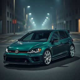 A striking dark green 2016 Volkswagen Golf R, equipped with stylish white fifteen52 rally wheels and an aggressive body kit, positioned in a moody, dark city environment