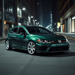 A striking dark green 2016 Volkswagen Golf R, equipped with stylish white fifteen52 rally wheels and an aggressive body kit, positioned in a moody, dark city environment