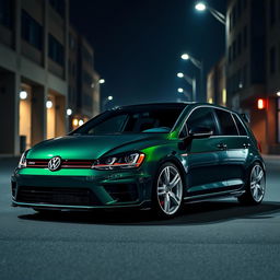 A striking dark green 2016 Volkswagen Golf R, equipped with stylish white fifteen52 rally wheels and an aggressive body kit, positioned in a moody, dark city environment