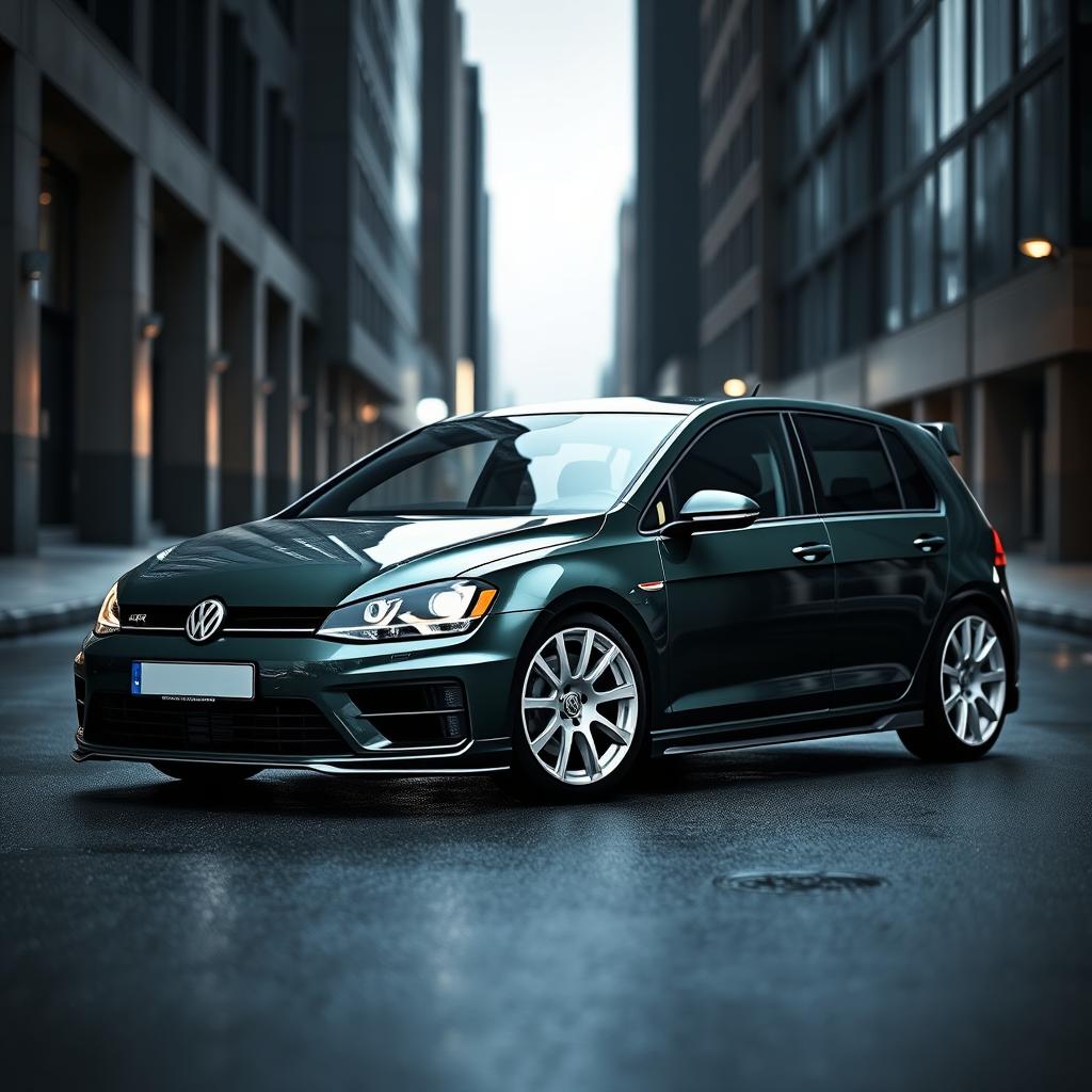 A striking dark green 2016 Volkswagen Golf R, equipped with stylish white fifteen52 rally wheels and an aggressive body kit, positioned in a moody, dark city environment