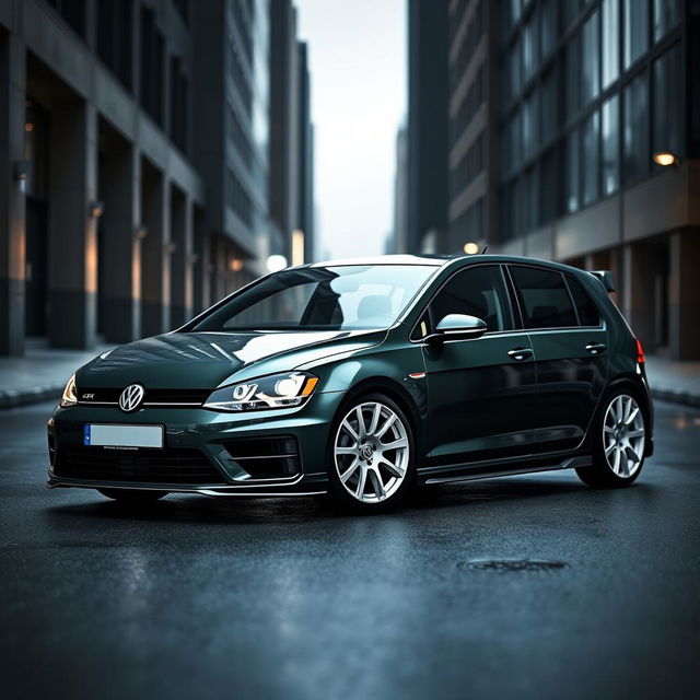 A striking dark green 2016 Volkswagen Golf R, equipped with stylish white fifteen52 rally wheels and an aggressive body kit, positioned in a moody, dark city environment