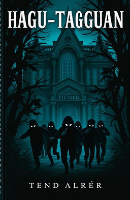 A spooky, atmospheric book cover featuring an eerie, old mansion nestled deep within a dark, dense forest