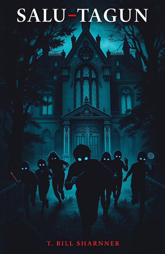 A spooky, atmospheric book cover featuring an eerie, old mansion nestled deep within a dark, dense forest