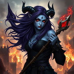 A fierce female warlock who is a tiefling, showcasing her long dark purple hair that flows dramatically