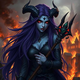 A fierce female warlock who is a tiefling, showcasing her long dark purple hair that flows dramatically