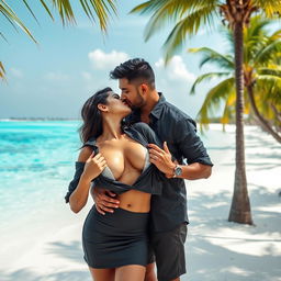 A seductive woman resembling Nushrath Bharucha, enticingly dressed in a stylish short skirt and vibrant red lipstick, is in a passionate embrace with her man in the picturesque Maldives