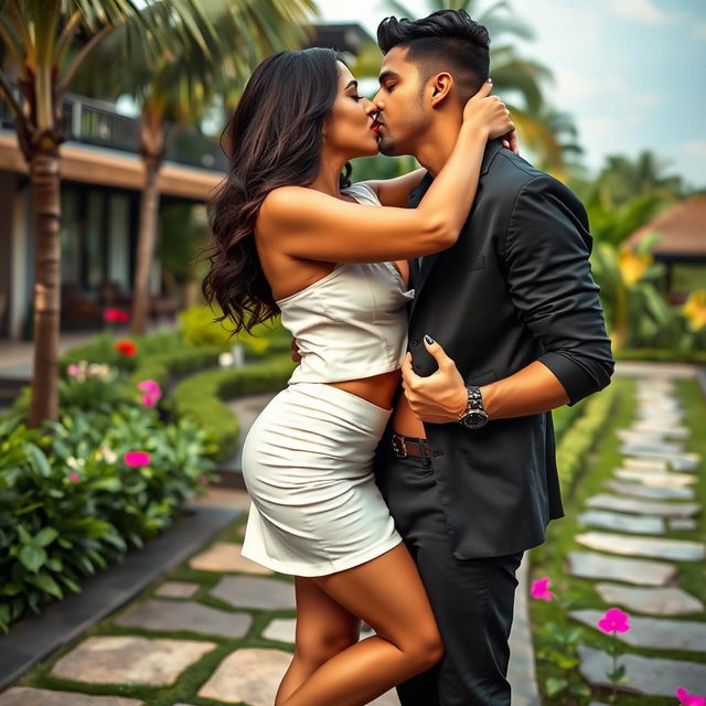 A seductive woman resembling Nushrath Bharucha, enchantingly dressed in a stylish short skirt and bold red lipstick, is in a romantic setting at a luxurious Bali resort