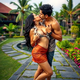 A seductive woman resembling Nushrath Bharucha, enchantingly dressed in a stylish short skirt and bold red lipstick, is in a romantic setting at a luxurious Bali resort