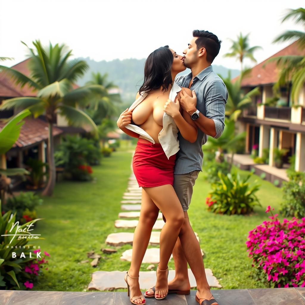 A seductive woman resembling Nushrath Bharucha, enchantingly dressed in a stylish short skirt and bold red lipstick, is in a romantic setting at a luxurious Bali resort