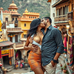 A seductive woman resembling Nushrath Bharucha, enchantingly dressed in a stylish short skirt and striking red lipstick, is in a passionate embrace with her man in a picturesque Rajasthani village