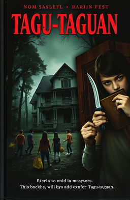 A suspenseful book cover featuring a dark, ominous old mansion surrounded by a dense, eerie forest
