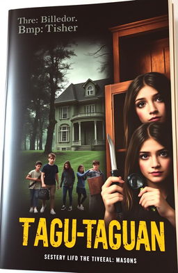 A suspenseful book cover featuring a dark, ominous old mansion surrounded by a dense, eerie forest