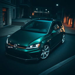 A captivating dark green MK7 Volkswagen Golf R, adorned with stylish white rally wheels and an impressive body kit, situated in a moody, dark city setting